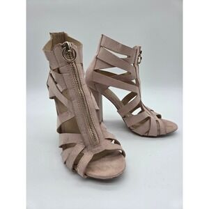 Blush Pink Faux Suede Strappy Cage Block Heel Sandals Gold Front Zip Booties